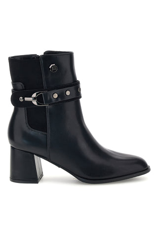 Schwarze Stiefeletten mit Nietenriemen und breitem Absatz von Laura Biagiotti 9962