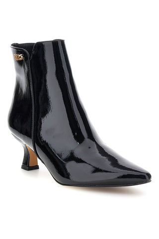 Schwarze Stiefeletten in Lackoptik mit Logo und Kitten-Absatz „Mon dieu“ BZD200Q5