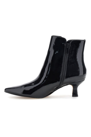 Schwarze Stiefeletten in Lackoptik mit Logo und Kitten-Absatz „Mon dieu“ BZD200Q5
