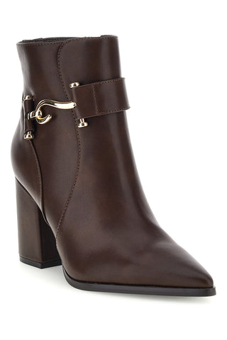 Braune Stiefeletten mit spitzer Zehenpartie, goldener Schnalle und breitem Absatz – Le Havre Paris 7715K02