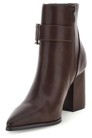 Braune Stiefeletten mit spitzer Zehenpartie, goldener Schnalle und breitem Absatz – Le Havre Paris 7715K02