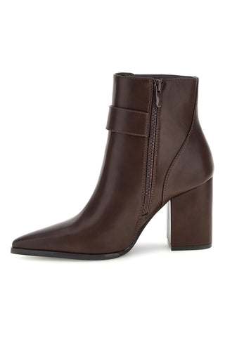 Braune Stiefeletten mit spitzer Zehenpartie, goldener Schnalle und breitem Absatz – Le Havre Paris 7715K02