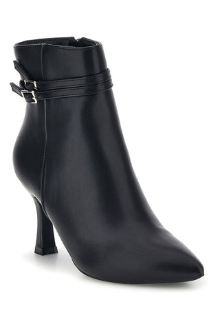 Schwarze Stiefeletten mit spitzer Zehenpartie, Absatz und Schnalle von Le Havre Paris, Modell AHMS1081