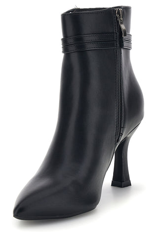 Schwarze Stiefeletten mit spitzer Zehenpartie, Absatz und Schnalle von Le Havre Paris, Modell AHMS1081