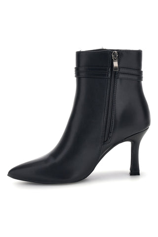 Schwarze Stiefeletten mit spitzer Zehenpartie, Absatz und Schnalle von Le Havre Paris, Modell AHMS1081