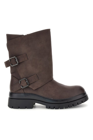 Braune Biker-Stiefeletten mit Schnallen, Reißverschluss und Profilsohle von Rock’ n doll 60278H05