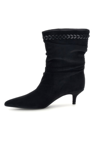 Schwarze Stiefeletten mit spitzer Zehenpartie, Absatz und geflochtenem Detail von Mon Dieu L26A203