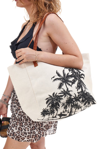 Weiße Strandtasche mit schwarzen Palmen Fun Beach Y006