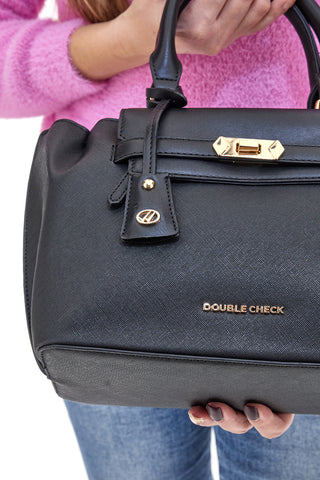 Schwarze Handtasche mit goldenen Details DOUBLE CHECK 18248-1