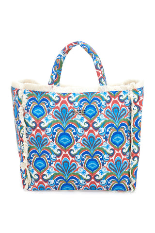 Borsa mare blu con stampa colorata e frange Basile BA23601