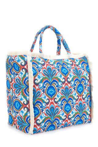 Borsa mare blu con stampa colorata e frange Basile BA23601 da