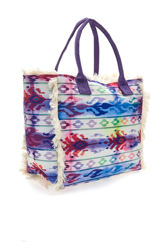 Borsa mare viola con stampa colorata e frange Basile BA23601