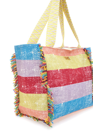 Borsa mare multicolor a righe con frange Basile 22172