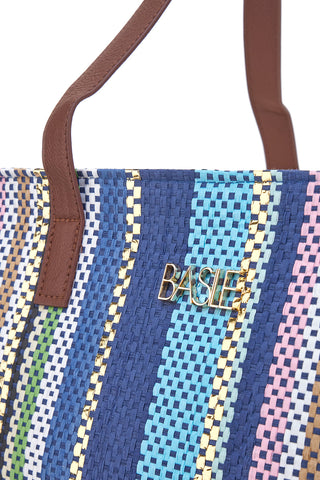 Mehrfarbige Tasche mit braunen Griffen aus Basile BA23633-Stoff