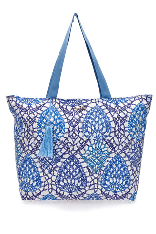 Basile BA22152 – Tasche mit Quaste und geometrischem Muster in Weiß und Blau