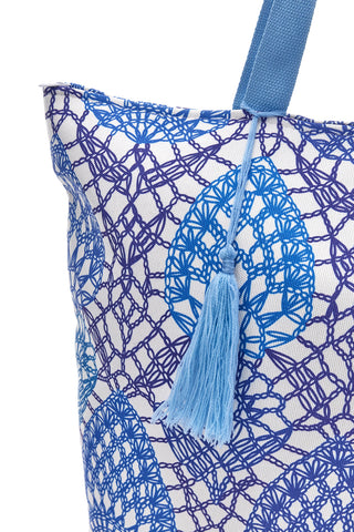 Borsa bianca e blu con fantasia geometrica e nappina Basile BA22152