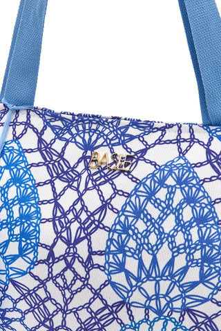 Borsa bianca e blu con fantasia geometrica e nappina Basile BA22152