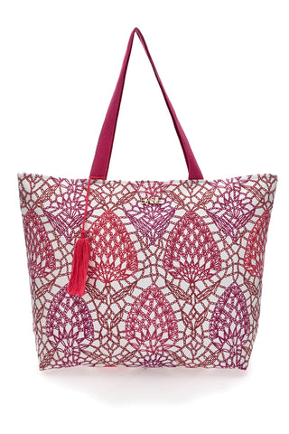 Basile BA22152 weiße und fuchsiafarbene Tasche mit geometrischem Muster und Quaste