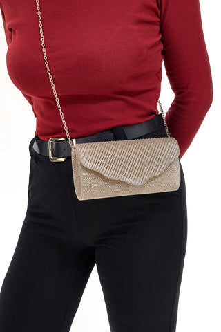 Coveri SERA099 goldene Clutch mit Ketten-Schulterriemen und Glitzer-Finish