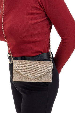 Coveri SERA099 goldene Clutch mit Ketten-Schulterriemen und Glitzer-Finish