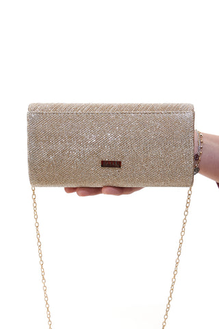 Coveri SERA099 goldene Clutch mit Ketten-Schulterriemen und Glitzer-Finish