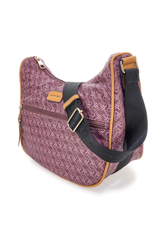 Burgunderrote Schultertasche mit Logoprint, Baumwollgürtel K19,048,B012