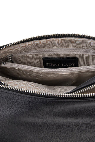 Schwarze Echtledertasche mit kurzem Henkel und abnehmbarem Schulterriemen, First Lady SL 58809