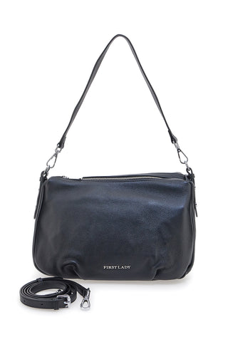 Schwarze Echtledertasche mit kurzem Henkel und abnehmbarem Schulterriemen, First Lady SL 58809