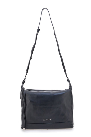 Schwarze Echtledertasche mit Schulterriemen und integriertem Portemonnaie, First Lady SL 8801