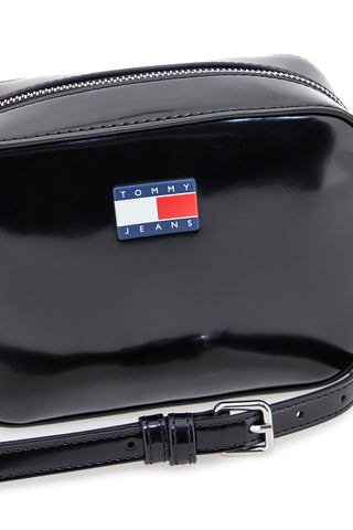 Tommy Kameratasche, schwarze Schultertasche mit Glanzeffekt