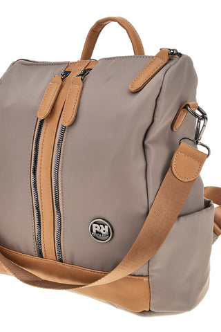 Zaino beige e cuoio con zip frontali e spallacci regolabili Prima riga WIS BAGPITT001-A