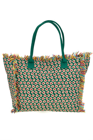 Borsa Mare Verde in Tessuto con Stampa Floreale e Frange Multicolor Basile CLASS BA22214