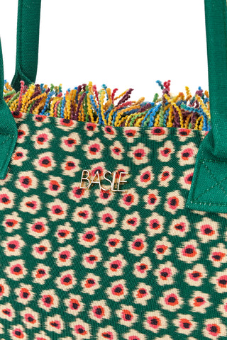 Strandtasche aus grünem Stoff mit Blumendruck und mehrfarbigen Fransen Basile CLASS BA22214