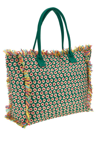Strandtasche aus grünem Stoff mit Blumendruck und mehrfarbigen Fransen Basile CLASS BA22214