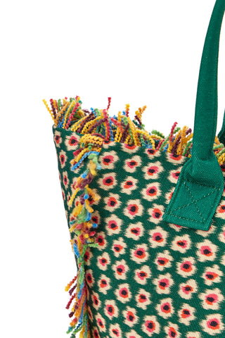 Strandtasche aus grünem Stoff mit Blumendruck und mehrfarbigen Fransen Basile CLASS BA22214