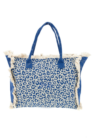 Borsa Mare Blu in Tessuto Denim con Stampa Animalier e Frange Basile CLASS BA22223
