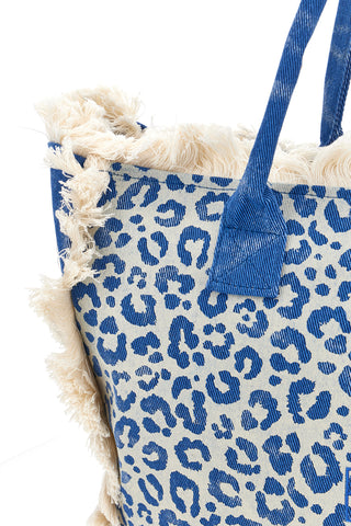 Strandtasche aus blauem Denim-Stoff mit Tierprint und Fransen Basile CLASS BA22223