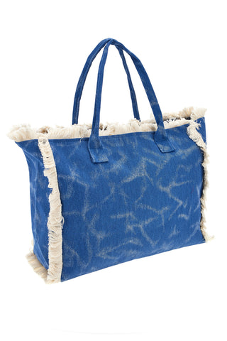Strandtasche aus blauem Denim-Stoff mit Tierprint und Fransen Basile CLASS BA22223