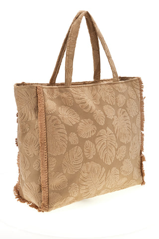 Beige Stoff Strandtasche mit Blattdruck und Fransen Basile CLASS BA22208