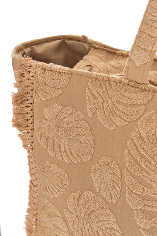 Beige Stoff Strandtasche mit Blattdruck und Fransen Basile CLASS BA22208