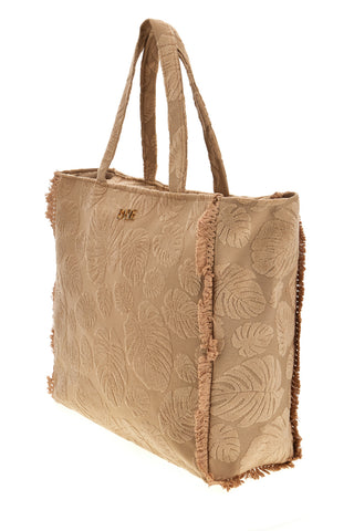 Beige Stoff Strandtasche mit Blattdruck und Fransen Basile CLASS BA22208