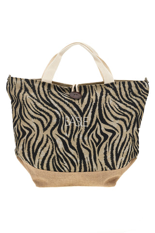 Borsa Mare Beige in Tessuto con Stampa Zebrata e Base in Iuta Basile CLASS BA22219
