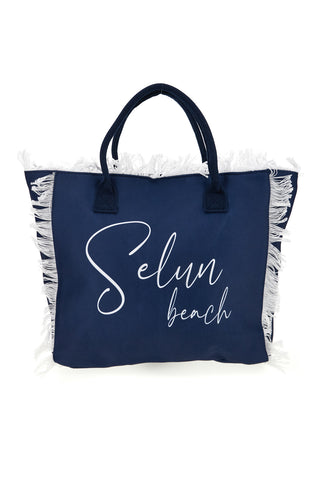 Strandtasche aus blauem Stoff mit Fransen Selun beach 261008