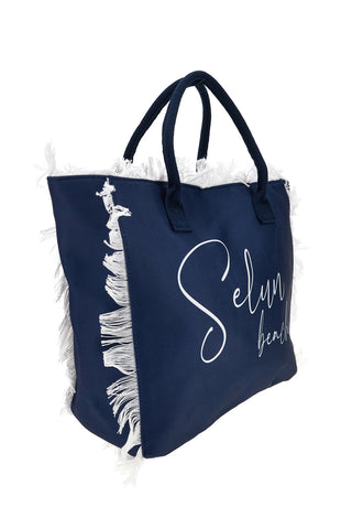 Borsa mare blu in tessuto con frange Selun beach 261008