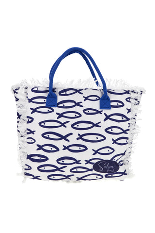 Blaue und weiße Stoff Strandtasche mit Fransen Selun Strand 261020