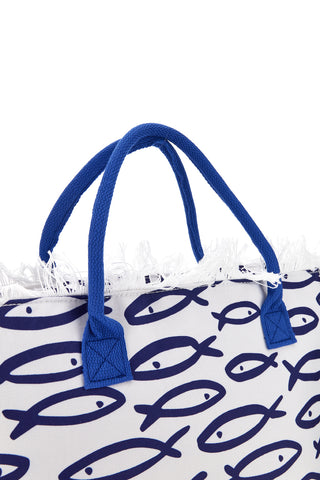 Borsa mare bianca e blu in tessuto con frange Selun beach 261020