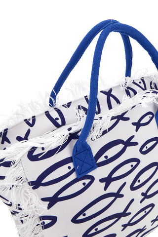 Borsa mare bianca e blu in tessuto con frange Selun beach 261020