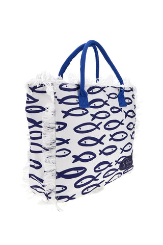 Borsa mare bianca e blu in tessuto con frange Selun beach 261020