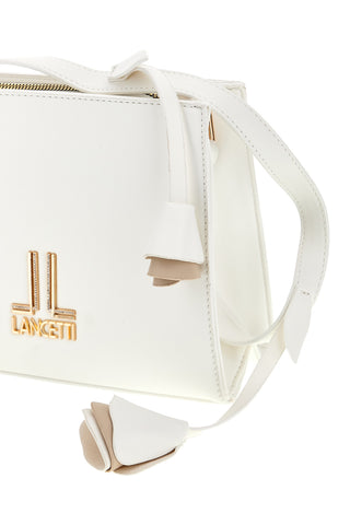 Weiße Umhängetasche mit goldenem Logo und Schulterriemen mit Lancetti-Blumen LL26S-106-2