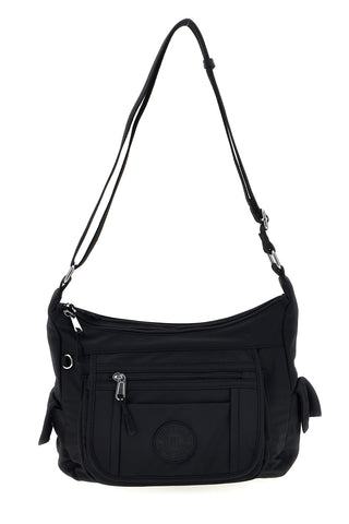 Borsa a tracolla nera in tessuto multitasche con logo frontale First lady ALI 8147